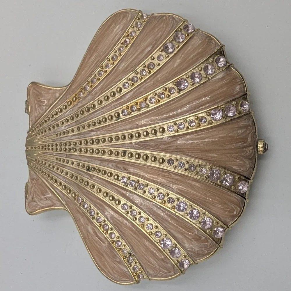 Vintage Glam Ashleigh Manor Seashell Compact Mirror Gold Pink Enameled Jeweled
